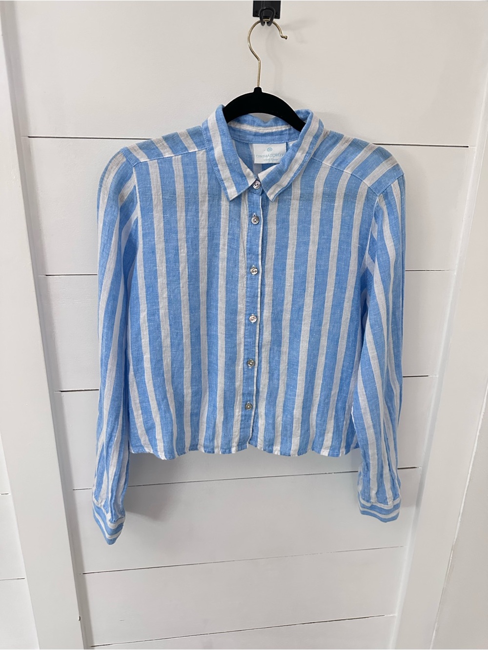 Cynthia Rowley M Linen blue-white stripe long sleeve cottagecore coastal blouse - Picture 2 of 13